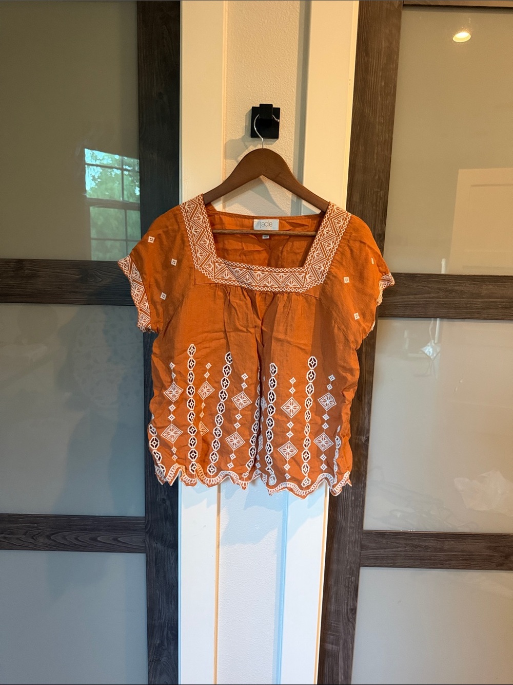 Jade by Johnny Was Orange Embroidered Square-Neck Top